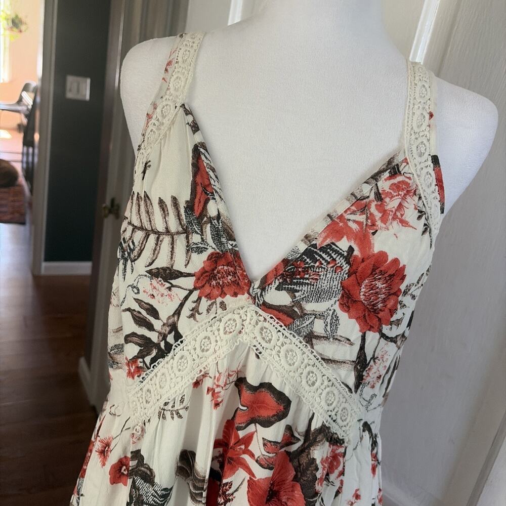 Womens Floral White/Orange Babydoll Maxi Dress S Crochet Cottagecore Hippie Boho - Picture 5 of 13